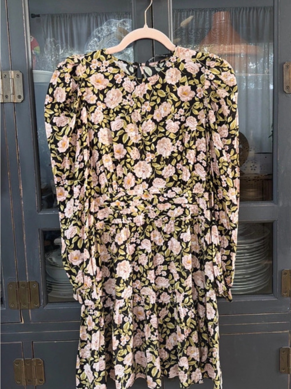 Zara Floral Long-Sleeve Ruffle Hem Dress - Black with Pink Roses